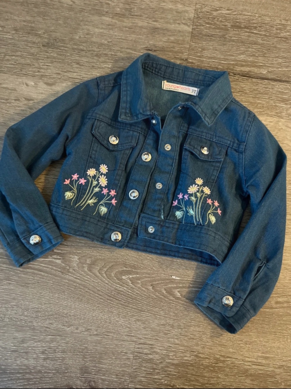 Toddler Dark Blue Denim Jacket with Floral Embroidery